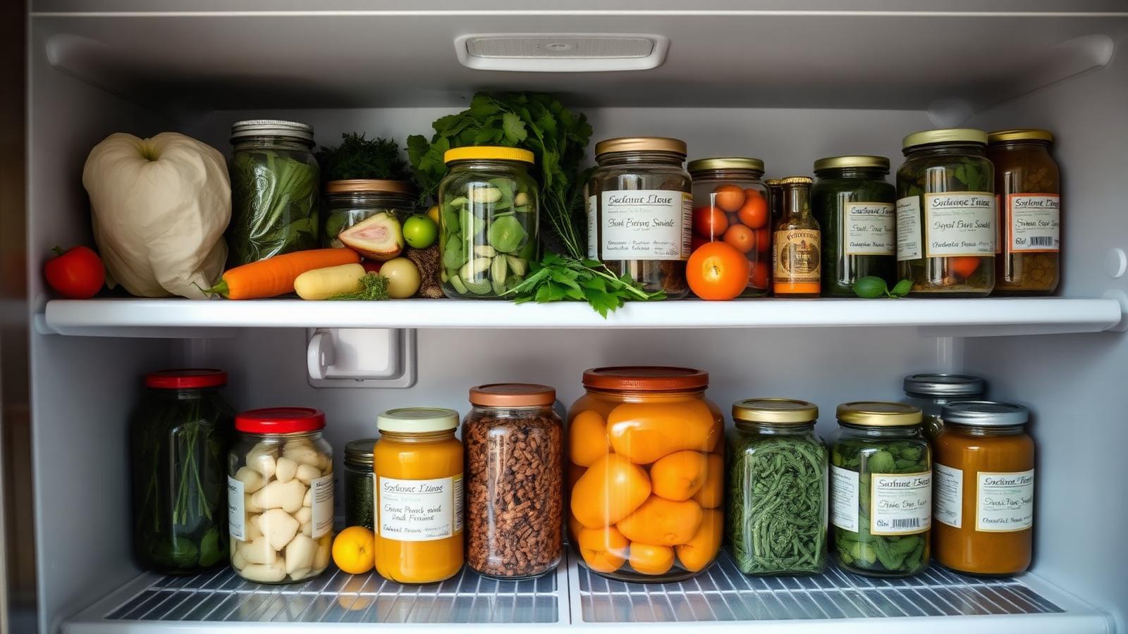 Fridge shelves with leftover vegetables, herbs and jars neatly arranged