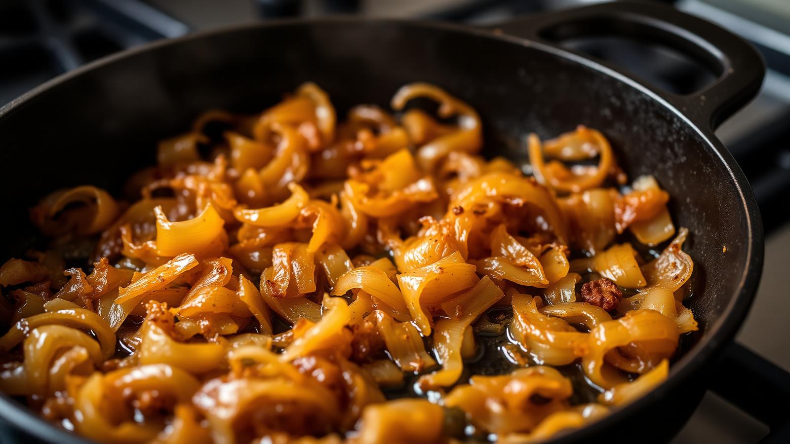 Golden caramelised onions cooking slowly in a cast iron pan