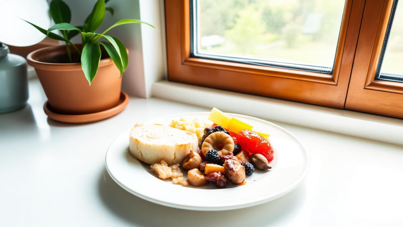 A plated dish photographed beside a bright kitchen window in daylight